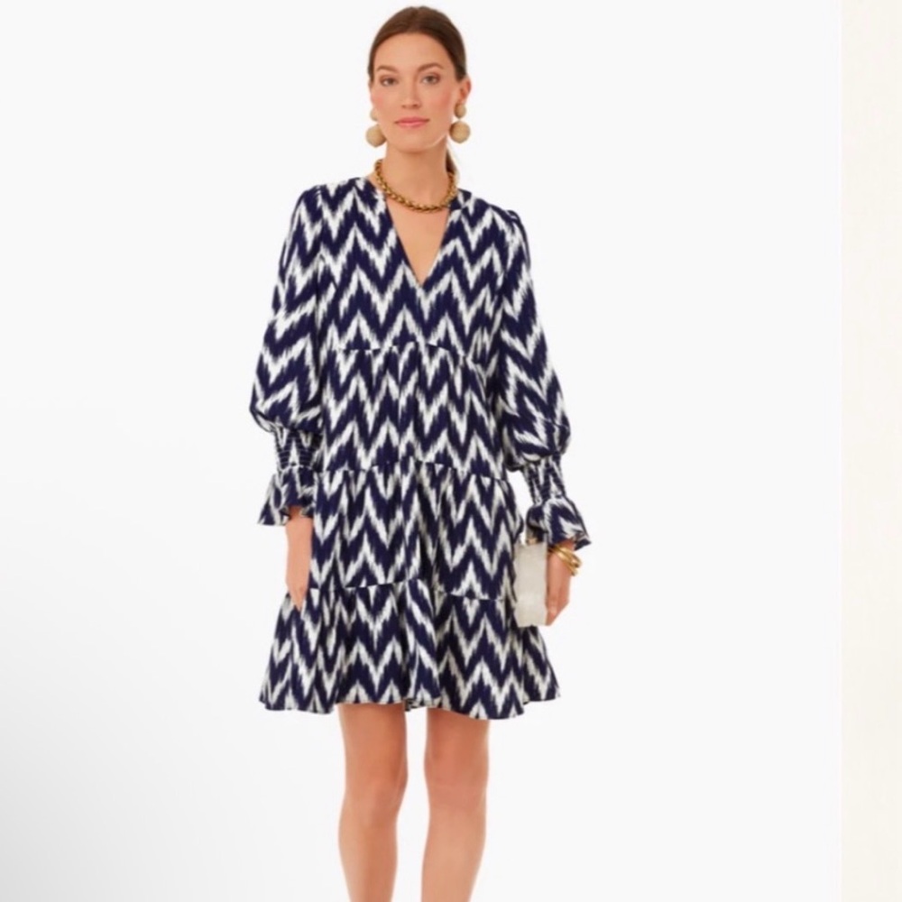 Pomander Place Kenzo Navy and White Ikat Long Sleeve Dress